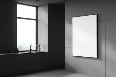 Lüks banyonun köşesinde koyu gri duvarlar, beton zemin, rahat lavabo, bulanık dağ manzaralı pencere ve dikey poster çerçevesi. 3d oluşturma