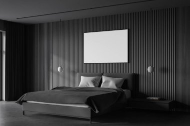 İskandinav tarzında, gri ve ahşap duvarları, beton zemini, rahat kral yatağı ve yatay poster çerçevesi olan şık ana yatak odasının köşesi. 3d oluşturma