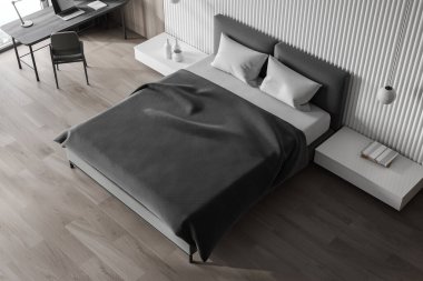 Beyaz ve ahşap duvarları, ahşap zemini, rahat kral yatağı ve ev ofis alanı olan İskandinav tarzında şık bir yatak odası. 3d oluşturma