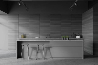 Gri ve ahşap duvarları, beton zemini, lavabosu, ocağı ve taburesi olan gri tezgahı olan şık bir mutfak. 3d oluşturma