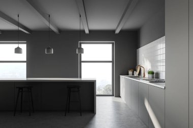 Beyaz ve gri duvarları olan şık bir mutfak, beton zemin, gri tezgah ve tabureli bir bar. Bulanık dağ manzaralı pencereler. 3d oluşturma