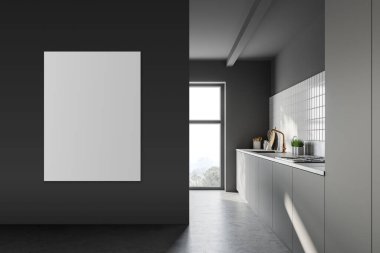 Beyaz ve koyu gri duvarları, beton zemini ve lavabo ve fırından yapılmış gri tezgahı olan şık bir mutfak. Dikey maket posteri. Bulanık dağ manzaralı bir pencere. 3d oluşturma