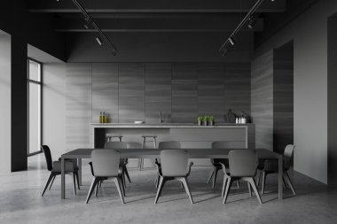 Gri ve ahşap duvarları olan şık bir mutfak, gri tezgahlar, tabureli bir ada ve gri sandalyeli yemek masası. 3d oluşturma