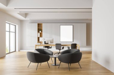 Beyaz duvarları, ahşap zemini, ziyaretçiler için sandalyeleri olan rahat bilgisayar masası ve dikey maket posterleri olan şık CEO ofisinin içi. Gri koltuklu dinlenme odası. 3d oluşturma