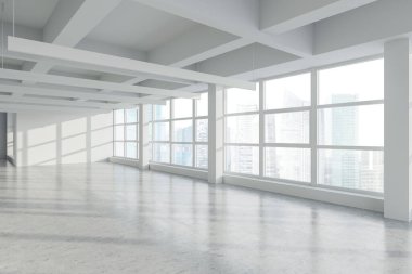 Beyaz duvarları, beton zemini, lambaları ve bulanık manzaralı pencereleri olan boş panoramik endüstriyel ofis köşesi. Gayrimenkul kavramı. 3d oluşturma