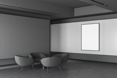 Modern ofis salonunun içinde koyu gri ve beyaz duvarlar, beton zemin, yuvarlak sehpanın yanında duran rahat gri koltuklar ve dikey poster çerçevesi. 3d oluşturma