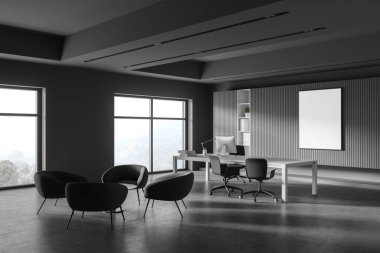 CEO ofisinin köşesinde gri duvarlar, beton zemin, ziyaretçiler için sandalyeli rahat bilgisayar masası ve dikey model poster var. Koltuklu dinlenme odası. 3d görüntüleme bulanık dağ görünümü