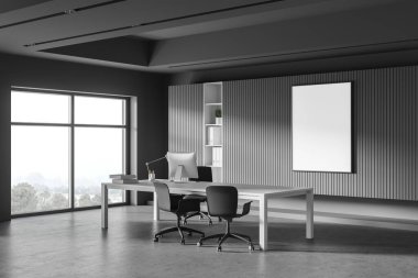 Gri duvarları, beton zemini, ziyaretçiler için sandalyeleri ve dikey maket posterleri olan şık CEO ofisinin köşesi. Bulanık dağ manzaralı bir pencere. 3d oluşturma