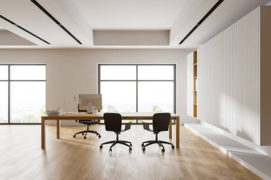 Beyaz duvarları, ahşap zemini, ziyaretçiler için sandalyeleri olan rahat bir bilgisayar masası olan modern CEO ofisi. Bulanık tropikal manzaralı bir pencere. Yönetim kavramı. 3d oluşturma