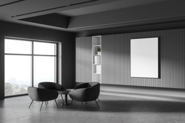 Modern ofis bekleme odasının içinde koyu gri duvarlar, beton zemin yuvarlak sehpanın yanında rahat gri koltuklar, kitaplıklar ve sahte posterler. Bulanık dağ manzarası. 3d oluşturma