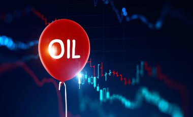 Üzerinde yağ olan kırmızı balon, düşen dijital grafiklerle bulanık mavi arkaplan üzerine yazılmış. Petrol piyasası balonu ve kriz kavramı. 3d rengarenk resim çift pozlama