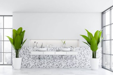 Beyaz mozaik duvarlı şık bir banyo, fayanslı zemin, bulanık şehir manzaralı bir pencere, rahat bir çift lavabo ve güzellik ürünleriyle dolu bir raf. 3d oluşturma