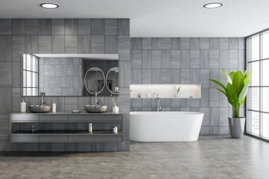 Gri ahşap duvarları olan şık bir banyo, aynalı çift lavabo ve arka planda kozmetik ürünleri için rafları olan rahat bir küvet. Bulanık şehir manzaralı pencereler. 3d oluşturma