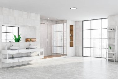 Modern banyo, beyaz ahşap duvarlar, cam kapılı rahat duş kabini, çift lavabo ve kozmetik ürünlerle dolu raflar. Bulanık şehir manzaralı pencereler. 3d oluşturma