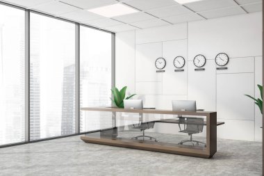 Beyaz ve kahverengi duvarları, beton zemini, kahverengi ve cam resepsiyon masası ve zaman dilimi saatleri olan uluslararası şirket ofisinin köşesi. Bulanık şehir manzarası. 3d oluşturma