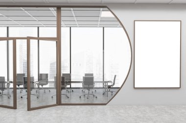 Gri duvarları, beton zemini, metal sandalyeli uzun toplantı masası ve kahverengi poster çerçeveli fütüristik toplantı odasının içi. Bulanık şehir manzaralı bir pencere. 3d oluşturma