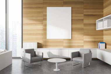 Ahşap duvarları, beton zemini, kahve masasının yanındaki gri koltukları, dikey maket posterleri ve kitap ve klasörleri olan rafları olan şık ofis bekleme odasının içi. Bulanık şehir. 3d oluşturma