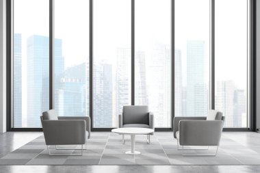 Beton zemin ve kahve masasının yanında duran gri koltuklu panoramik ofis bekleme odasının içinde. Bulanık şehir manzarası. 3d oluşturma