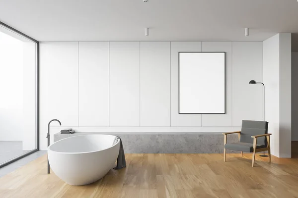 Interieur Van Panoramische Badkamer Met Witte Muren Beton Houten Vloer — Stockfoto