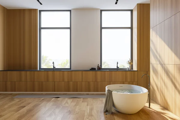 Interieur Eines Stilvollen Badezimmers Mit Holzwänden Und Fußboden Komfortabler Weißer — Stockfoto