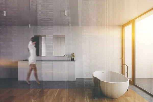 Blurry Young Woman Walking Spacious Sunlit Bathroom White Walls Wooden — Stock Photo, Image
