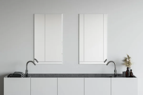 Primo Piano Comodo Doppio Lavabo Piedi Moderno Bagno Minimalista Con — Foto Stock