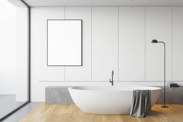 Interno Bagno Panoramico Con Pareti Bianche Pavimento Cemento Legno Comoda — Foto Stock