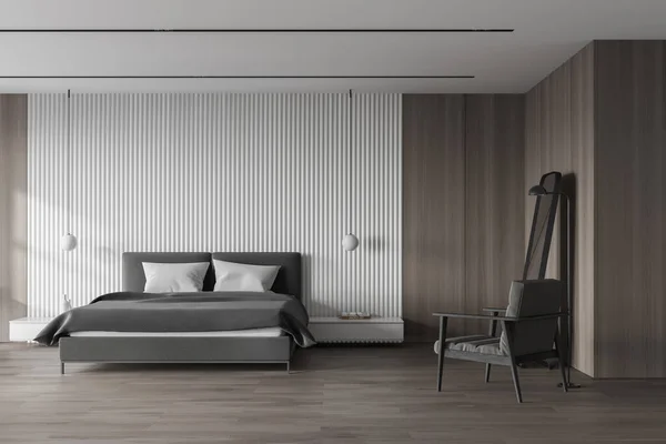 Interieur Des Stilvollen Hauptschlafzimmers Skandinavischen Stil Mit Weißen Und Hölzernen — Stockfoto