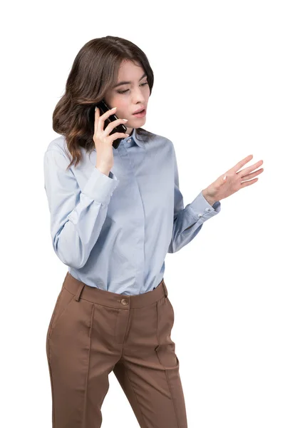 Portrait Isolé Belle Jeune Femme Affaires Aux Cheveux Foncés Parlant — Photo