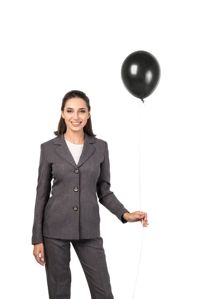 Retrato Isolado Sorridente Jovem Empresária Europeia Terno Elegante Segurando Balão — Fotografia de Stock