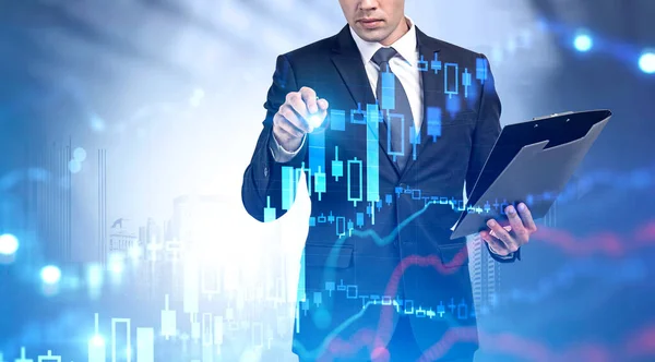 Unrecognizable Young Businessman Clipboard Working Blurry Financial Graph Abstract City — Stock Photo, Image