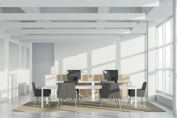 Interieur Eines Modernen Großraumbüros Industriellen Stil Mit Weißen Wänden Betonboden — Stockfoto