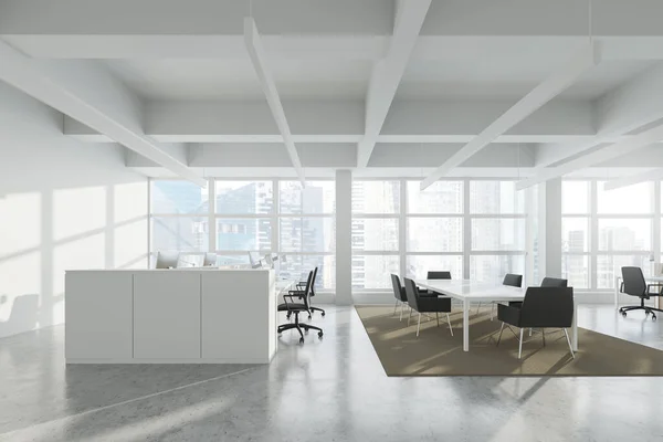 Side view of modern Industrial style open space office with white walls, concrete floor, rows of computer tables and panoramic windows with blurry cityscape. 3d rendering
