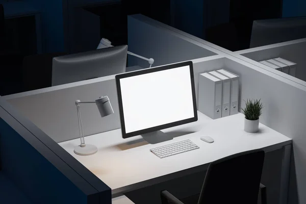 Blank Mock Computer Screen Standing White Table Office Cubicle Night — Stock Photo, Image