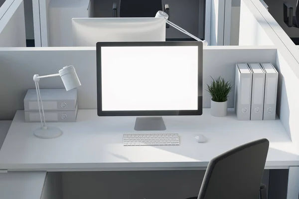 사무실 칸막이 컴퓨터 형태로 보이는 것이다 광고와 배치의 렌더링 — 스톡 사진