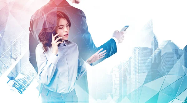 Young Businesswoman Unrecognizable Businessman Using Smartphones City Double Exposure Abstract — Stock Photo, Image