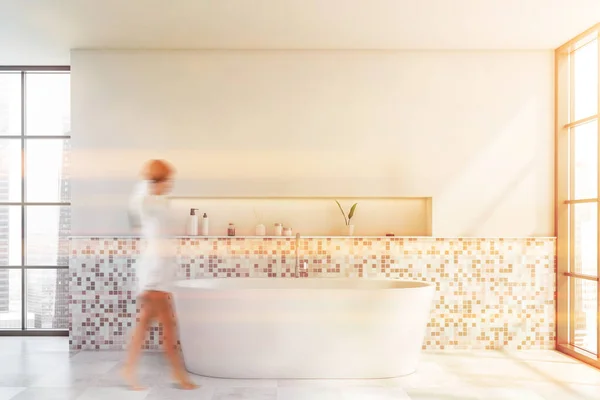 Blurry Young Woman Walking Sunlit Bathroom White Mosaic Walls Tiled — Stock Photo, Image