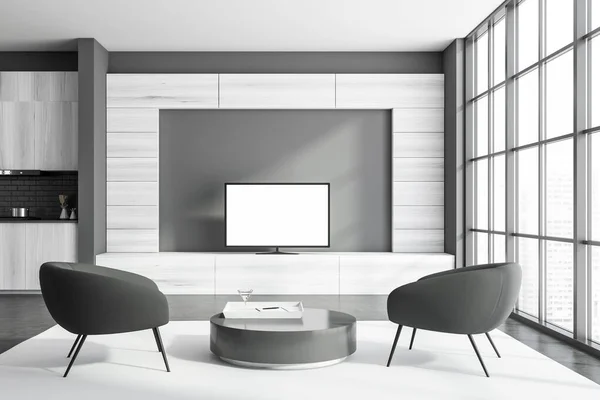 Interior Panoramic Living Room Grey White Wooden Walls Concrete Floor — Stock Photo, Image