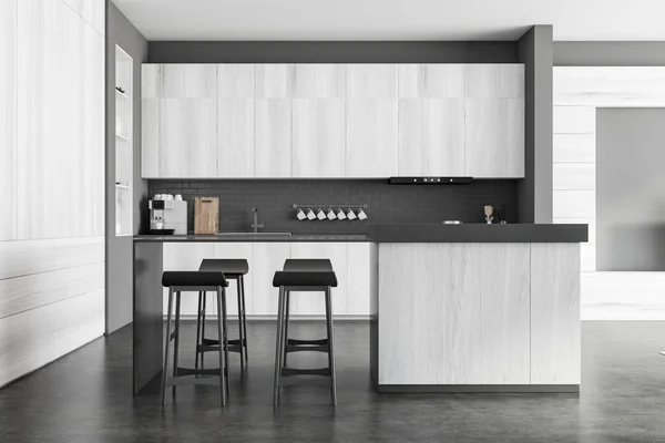 Interieur Der Modernen Küche Mit Grauen Ziegelwänden Betonboden Weißen Holzschränken — Stockfoto