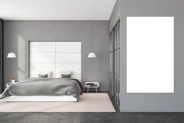Interior Quarto Elegante Com Paredes Cinza Branco Piso Concreto Cama — Fotografia de Stock