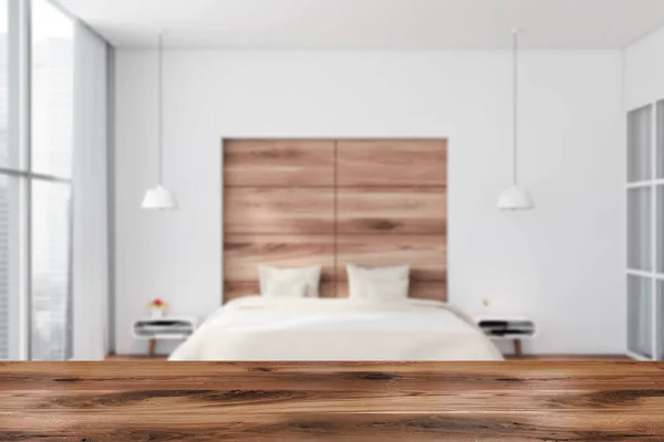 Drewniany Stół Dla Twojego Produktu Rozmytej Panoramicznej Sypialni Białymi Drewnianymi — Zdjęcie stockowe