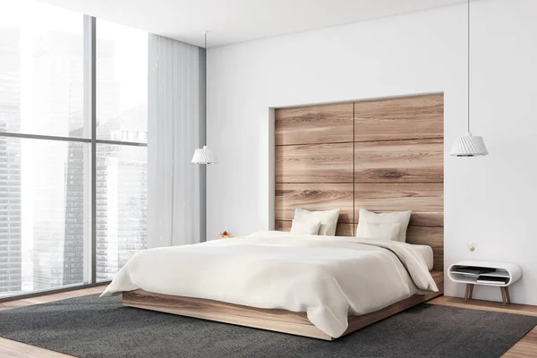 Corner Panoramic Bedroom White Wooden Walls Wooden Floor King Size — Stock Photo, Image