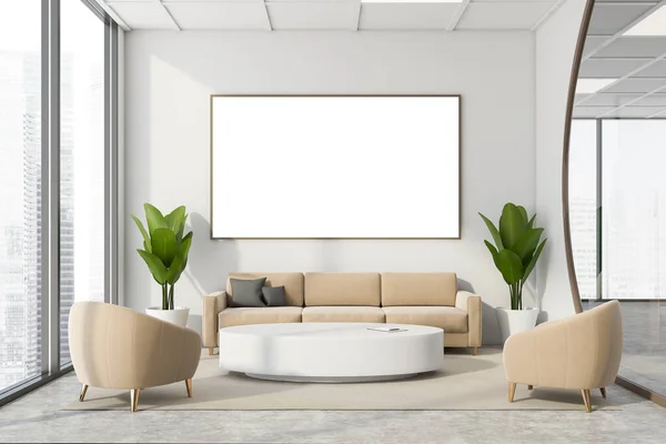 Interior of futuristic office waiting room with white walls, concrete floor, comfortable beige sofa and armchairs near round table and horizontal mock up poster with brown frame. 3d rendering