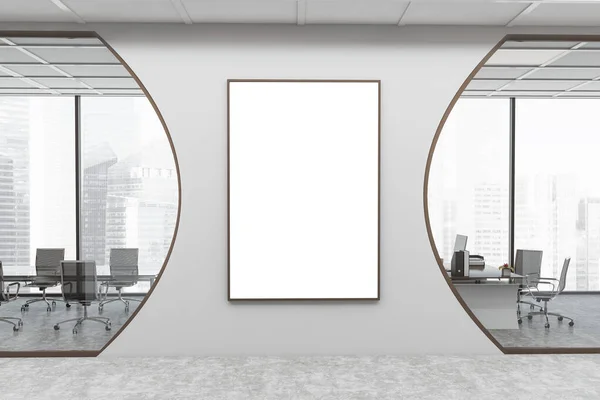 中央に大きな垂直モックアップポスターと白い壁 コンクリート床 会議室やCeoオフィスと未来的なオフィスロビーのインテリア 3Dレンダリング — ストック写真