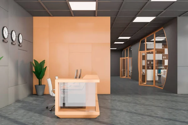 Side view of international company office with gray and orange walls, concrete floor, orange and glass reception desk and time zone clocks. Open doors in background. 3d rendering