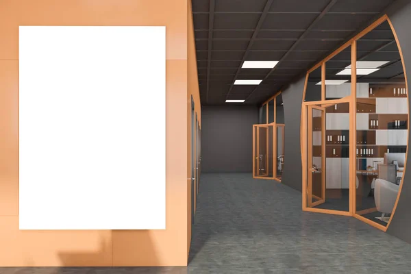 Interior of futuristic office lobby with gray and orange walls, concrete floor, big vertical mock up poster and open glass doors. 3d rendering