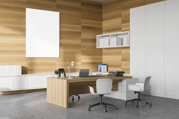 Corner Modern Ceo Office White Wooden Walls Wooden Computer Desk — Stock Photo, Image