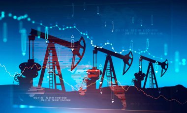 Mavi arka planda üç yağ pompası ve düşen bulanık dijital grafikler ve gezegen hologramı. Petrol piyasası krizi kavramı. 3d rendelenmiş resim