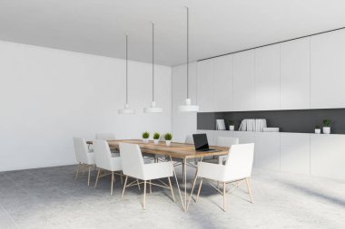 Beyaz ve gri duvarları olan modern mutfağın köşesi fayanslı zemin beyaz koltukları ve kitaplığı olan uzun ahşap yemek masası. 3d oluşturma