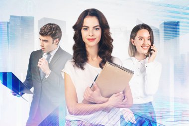 Üç başarılı genç yönetici, soyut şehirde birlikte çalışıyorlar. Bulanık, fütürist iş arayüzü ile birlikte. Takım çalışması ve iletişim kavramı. Tonu ayarlanmış resim